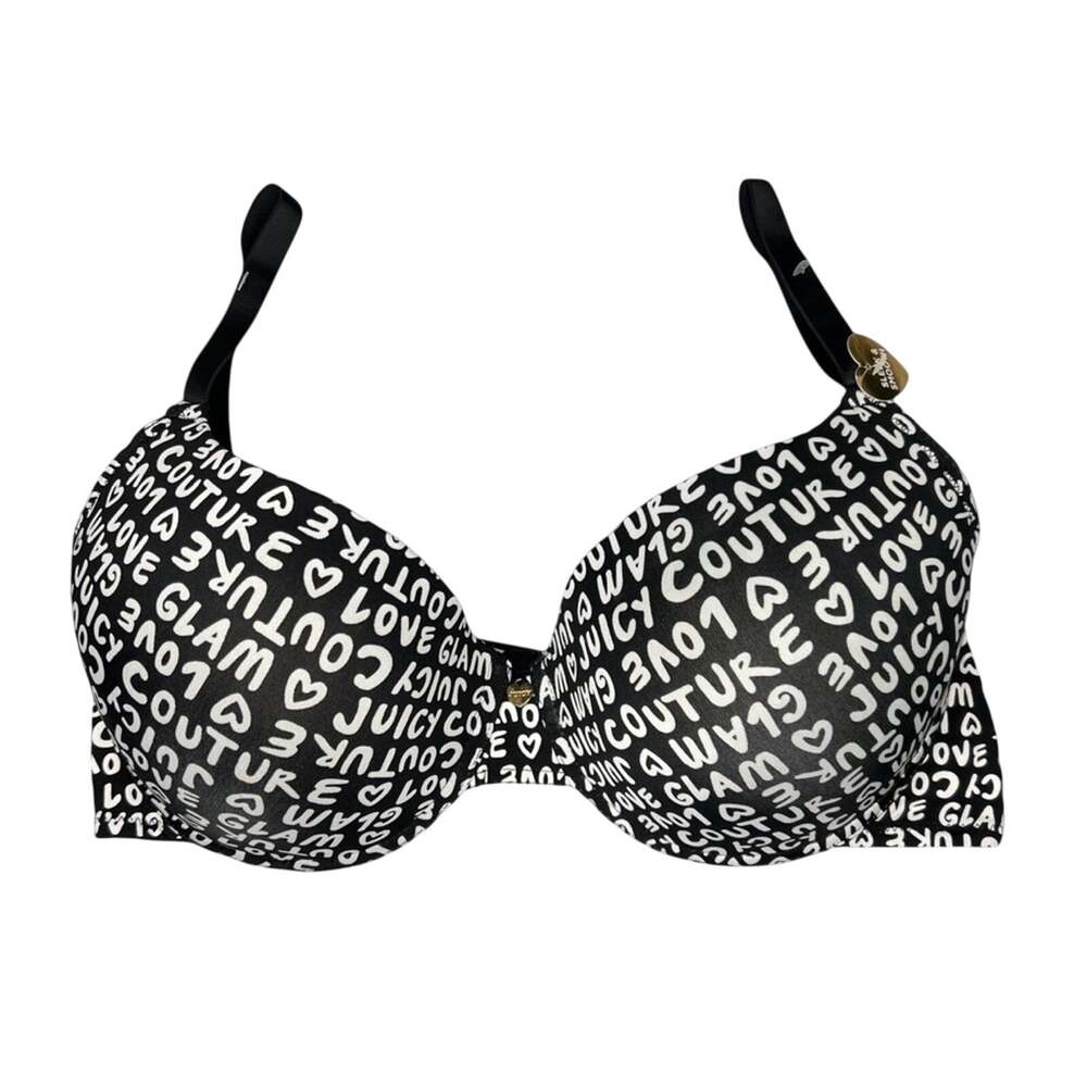 Juicy Couture 42D Black White Logo Spellout Graphic Heart Underwire Bra NWOT